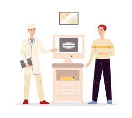 Dentist explains treatment on computer, flat vector illustration isolated.