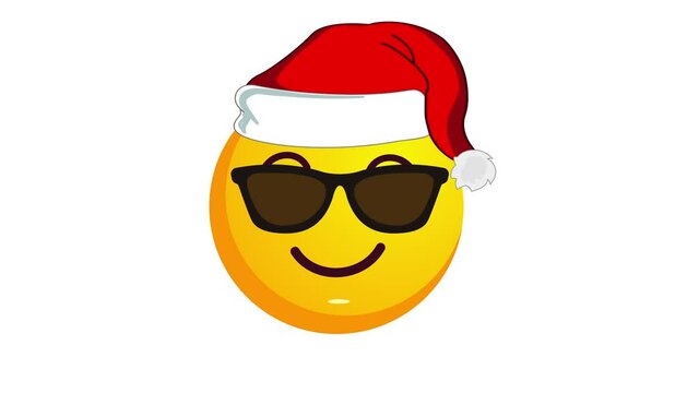 Animation of a grinning yellow emoji in a black sunglasses and santa claus christmas hat isolated on white background. Positive emotions concept. Winter holidays emoticon. Alpha channel.