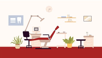 Dentist clinic office interior with furniture flat vector illustration.