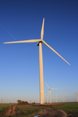 Fototapeta premium Wind farm turbines that produce electricity energy. Windmill Wind power technology productions Wind turbines standing in green field - stock footage