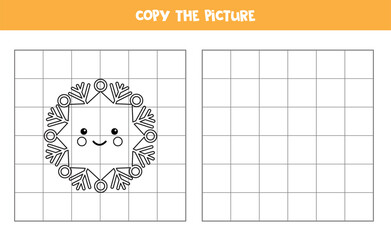 Copy the picture. Cute kawaii snowflake. Logical game for kids.