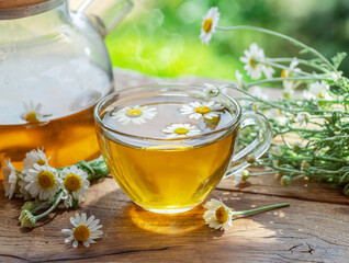 Herbal chamomile tea and chamomile flowers near teapot and tea glass on wooden table. Countryside background.