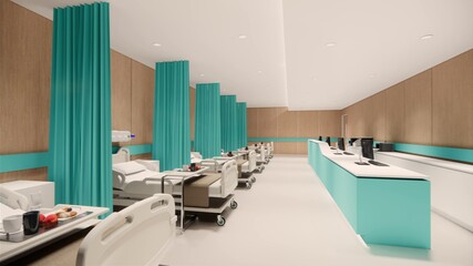 3d rendering. Interior hospital modern design . Row of empty hospital beds and various first aid medical equipment in empty emergency room Medical practice concept.