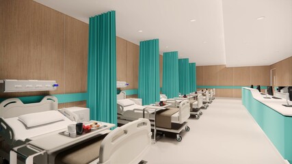 3d rendering. Interior hospital modern design . Row of empty hospital beds and various first aid medical equipment in empty emergency room Medical practice concept.