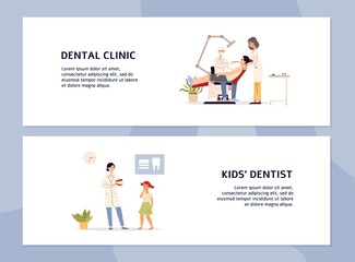 Dental clinic for adults and children banners flyers set, vector illustration.
