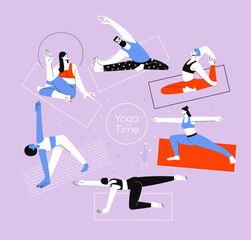 Group of men and women do yoga. Yoga flow. Yoga time. Flat vector illustration. Yoga health benefits of the body, mind and emotions concept