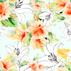 Seamless floral pattern white flowers lily with watercolor flowers on light background.