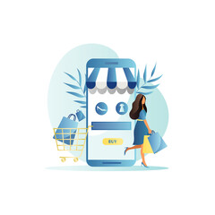 Online store on site, application in smartphone. Girl with paper bags buys things, goods, products on Internet with delivery to her home, office. Woman pays for purchases with credit card contactless.