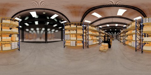 Warehouse with cardboard boxes inside on pallets racks, logistic center. Loft modern warehouse. Cardboard boxes on a conveyor belt in a warehouse, 3D rendering  vr 360 panorama .  © anon