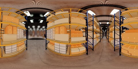 Warehouse with cardboard boxes inside on pallets racks, logistic center. Loft modern warehouse. Cardboard boxes on a conveyor belt in a warehouse, 3D rendering  vr 360 panorama .
