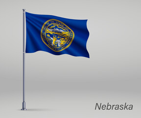 Waving flag of Nebraska - state of United States on flagpole. Template for independence day poster design