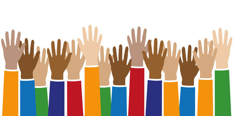 raised hands in different skin colors isolated on white vector illustration EPS10