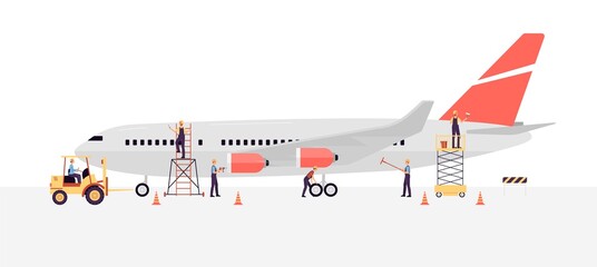 Airline workers or engineers maintain a plane flat vector illustration isolated. © sabelskaya