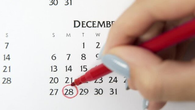 Female hand circle day in calendar date with a red marker. Business Basics Wall Calendar Planner and Organizer. December 28th