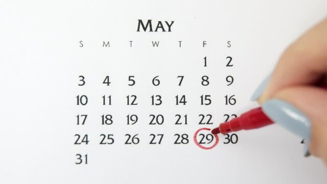 Female hand circle day in calendar date with a red marker. Business Basics Wall Calendar Planner and Organizer. May 29th