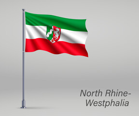 Waving flag of North Rhine-Westphalia - state of Germany on flagpole. Template for independence day poster design