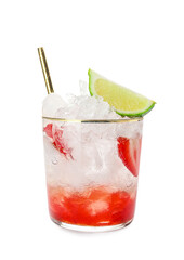 Glass of fresh strawberry lemonade on white background