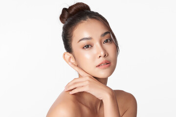 Naklejka premium Beautiful young asian woman with clean fresh skin on white background, Face care, Facial treatment, Cosmetology, beauty and spa, Asian women portrait