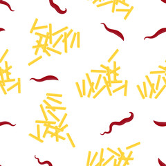 Yellow French Fries and Ketchup Texture. Fry Potato Chips Seamless Pattern on White Background. Slices of Tasty Vegetable. Fast Food Snack. Organic Food.