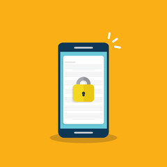 Secure confidential document on a smartphone, padlock on phone, online access with private lock, vector illustration. 