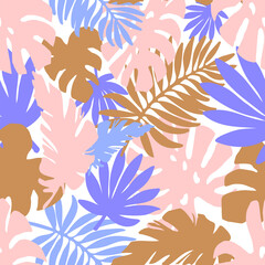 Seamless pattern with banana, palm and monstera leaves. Vector background of tropical leaves. Vector illustration in flat style for children's room decoration, Wallpaper, wrapping paper and fabric.