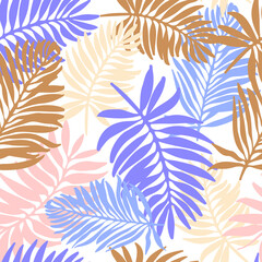 Fototapeta na wymiar Seamless pattern with palm leaves on a white background. Vector background of tropical leaves. Vector illustration in flat style for decorating children's room, Wallpaper, wrapping paper and fabric.