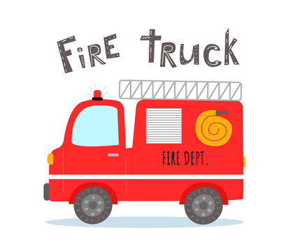 Cute cartoon fire truck with lettering isolated on white background.