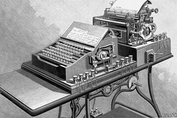 Printing telegraph, typewriter that transmits what it written at a distance. Antique illustration. 1895.