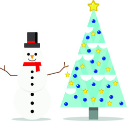 vector christmas tree and snowman. Christmas tree decorated with blue balls. snowman hanging a star on the tree.