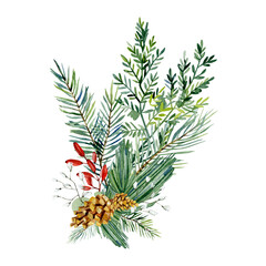 Watercolor Christmas bouquet with fir branches, leaves, pine cone. Winter greenery banner  for christmas card, greeting card, bridal card, wedding invintation, baby shower.