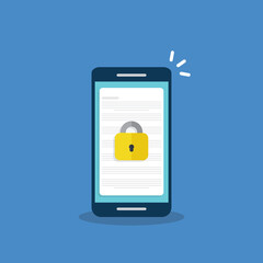 Secure confidential document on a smartphone, padlock on phone, online access with private lock, illustration.