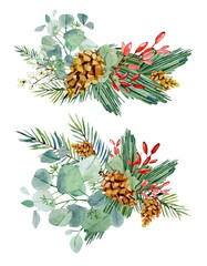 Watercolor Christmas bouquet with fir branches, poinsettia, red barries, eucalyptus branches. Winter floral greenery banner  for christmas card, greeting card, bridal card, wedding invintation