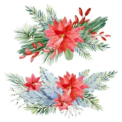 Fotobehang Watercolor Christmas bouquet with fir branches, poinsettia, red barries, wild flower. Winter floral greenery banner  for christmas card, greeting card, bridal card, wedding invintation, baby shower. © Anna