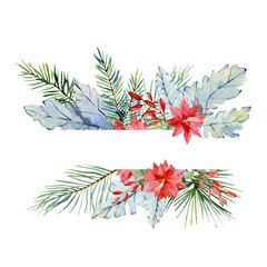 Watercolor Christmas greenery frame with branches, fir tree, poinsettia. Bohemian winter banner witn navy blue botanical floral for wedding invitations, greeting cards, baby shower card