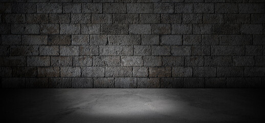 Stone wall and cement floor texture, dark room background