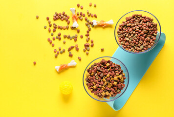 Bowls with dry pet food on color background