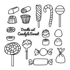 Set of black Doodle candies: caramel, chocolate candies, dragees, caramel on a stick, candy wrappers . Vector illustration in sketch style