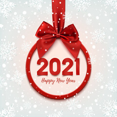 Fototapeta na wymiar Happy New Year 2021 round banner with red ribbon and bow, on winter background.