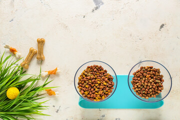 Bowls with dry pet food and grass on light background