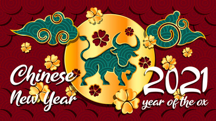 Chinese new year 2021 year of the ox background, red and gold ox character, clouds, flower and asian elements on background