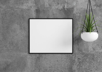 Horizontal black frame mockup. Black frame poster on a concrete wall with plants. 3D illustrations. 