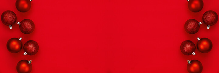 Red Christmas Decorations Red Background Copy Space New Year Composition Flat lay, top view....