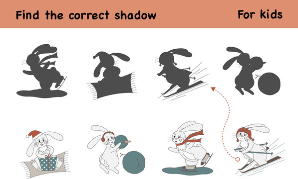 Find the correct shadow. Educational game for children. Children activity with cute rabbit ice skating