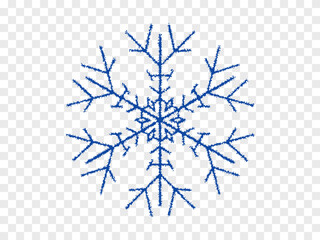 Snowflake blue, fluffy, symmetrical snow. Vector winter icon, template. Decorative decoration for Christmas and new year on a transparent isolated background.