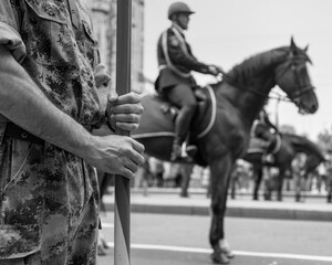 Belgrade, Serbia - Members of the army and the police taking part in the procession honoring the city holiday Savors Day (Spasovdan) (B/W)