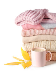 Stylish autumn clothes on white background