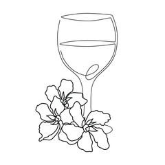 Vector wine glass with flowers in one line art style for fabrics, paper, textile, postcard, logo, invitations, greeting card isolated on white background