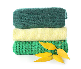 Stylish autumn clothes on white background