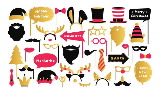 Vector Christmas photo booth props. Vintage photobooth vector set for Christmas and New year party, masquerade, scrapbooking. Event accessories with caps,mustache, speech bubbles, deer, masks, elf