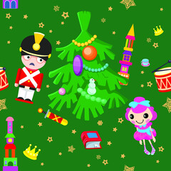 Nutcracker, princess near the New Year tree, seamless pattern. Vector, full color.